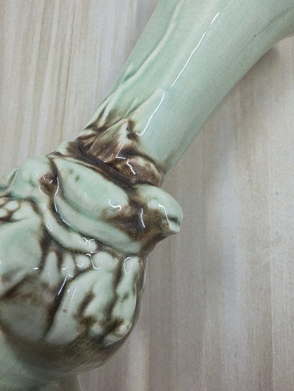 McCoy Pottery Green Brown Rustic Nesting Birds Vase 7in Embossed Vintage Logo